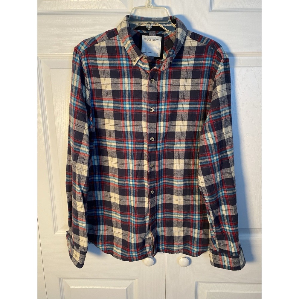 Denim & Flower Ricky Singh Flannel Plaid Button-Up Shirt Red Blue White‎ Large
